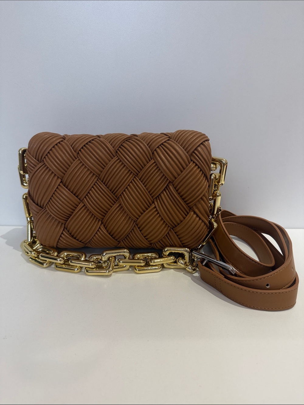 JW PEI Woven Brown Crossbody with Gold Chain